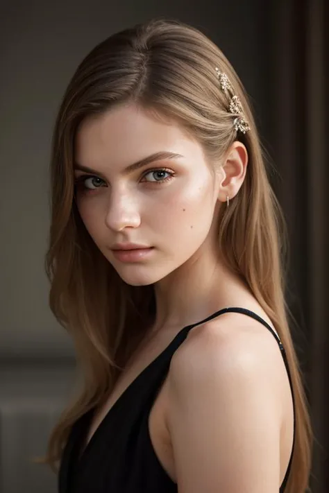 a woman with long hair wearing a black dress and a gold headpiece