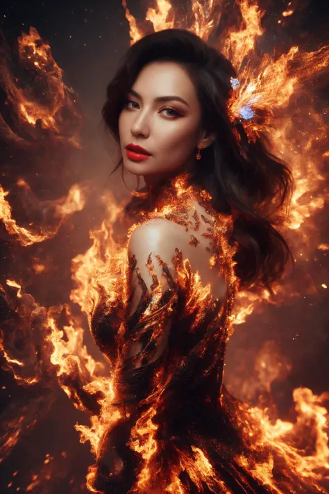 a woman in a dress with fire on her body