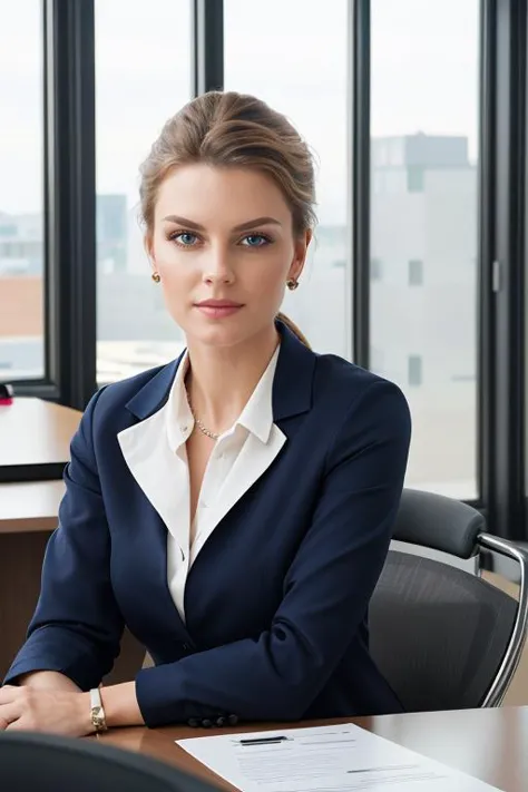 a close up of a woman sitting at a desk in a suit