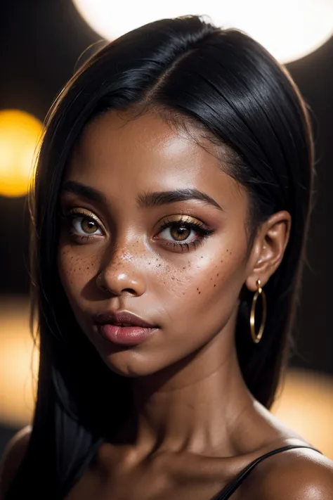 a woman with freckles and a black top posing for a picture