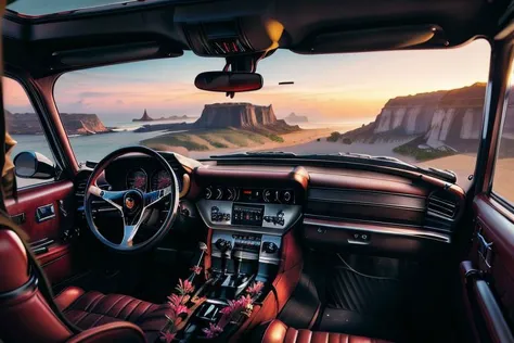 voiture ancienne, Dark Vador au volant, plantes, fleurs, décoration, vue de l&#39;arrière au calme en bord de falaise, lever du soleil, pacifique, couleurs vives, linéaire