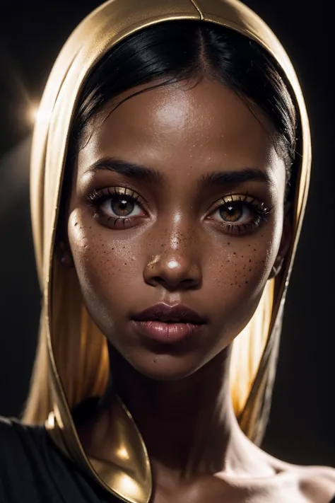 an eye contact of a Ugandan woman, (black skin:1.3), yellow spotlight, dark theme, lonely, Lavish, Matte black eyeshadow with a ...