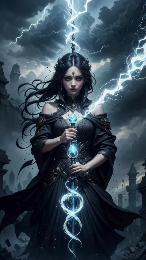 (High Quality:1.4), (Best Quality:1.4), (masterpiece:1.4), official art, official wallpaper, 4k textures,
Elegantly mystifying sorceress clad in flowing black robes embroidered with esoteric symbols in crimson thread, silvery fingers grasping staff topped with glowing gemstone pulsing rhythmically against shadowy backdrop, ethereal smoke billows outward from cauldron simmering mysteriously near ancient grimoire opened to reveal arcane incantations, flickering candles cast eerie light across veiled visage revealing piercing emerald eyes framed by raven hair cascading freely down slender shoulders shrouded beneath layers of diaphanous fabric, powerful magic emanates undeniably through gesticulating arms raising forth storm clouds gathering strength overhead threatening tempestuous weather ahead, thundering clouds rumble menacingly portending imminent danger as witch stands stoically prepared meet fate head-onâ¦
(detailed:1.05), (extremely detailed:1.06), sharp focus, (intricate:1.03), (extremely intricate:1.04), low contrast, soft cinematic light, soothing tones, HDR, (Epic scenery:1.09), (beautiful scenery:1.08), (detailed scenery:1.08), (intricate scenery:1.07), (wonderful scenery:1.05), beautiful face, [perfect eyes:0.5], [perfect skin:0.8], [detailed face:0.8], [detailed eyes:0.8], [detailed hair:0.8], [detailed lips:0.8]  creationmagic, thunder