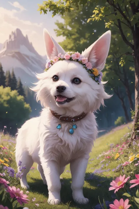 a close up of a white dog with a flower crown on its head