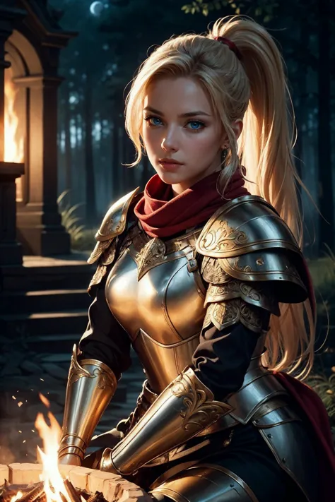 (fantasy style:1.2), (high quality:1.3), (best quality:1.3), (masterpiece:1.3), official art, official wallpaper, 4k textures, 30 year old woman in ornate leather armor sitting by a campfire, looking thoughtful, Anita Briem, athletic body, large blue eyes, voluminous blonde hair, ponytail, red and gold accents on armor, red scarf, large shoulder armor, (detailed:1.05), (extremely detailed:1.06), sharp focus, (intricate:1.03), (extremely intricate:1.04), (beautiful face:1.1), [perfect eyes:0.8], [perfect skin:0.8], [detailed face:0.8], [detailed eyes:0.8], [detailed hair:0.9], [detailed lips:0.8], forest at night background, night, midnight sky, moonlight through trees,  intricate scenery, hard shadows, cinematic lighting, volumetric lighting,