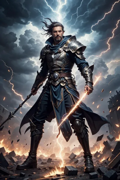 (High Quality:1.4), (Best Quality:1.4), (masterpiece:1.4), official art, official wallpaper, 4k textures, 
Mighty Wizard casting lightning bolts!
Huge mustached figure stands confidently before tumultuous storm clouds unleashing chaotic forces, hands raised high above head as raw power courses through calloused digits leaving trails of electricity zigzagging rapidly toward heavens above, wispy white beard flows effortlessly in breeze generated by sheer force of will harnessed within aged body; intense concentration etches deeply creased forehead while gnarled staff held firmly anchors connection to elemental spirits called forth, bolts strike ground causing explosions sending debris fleeing madly away from impact zones leaving craters smoldering behind in wake of destruction left by mighty spell caster's grandiose display of power.
(detailed:1.05), (extremely detailed:1.06), sharp focus, (intricate:1.03), 
(extremely intricate:1.04), low contrast, soft cinematic light, soothing tones, HDR, 
beautiful face, [perfect eyes:0.8], [perfect skin:0.8], [detailed face:0.8], [detailed eyes:0.8], [detailed hair:0.8], [detailed lips:0.8], 
(Epic scenery:1.09), (beautiful scenery:1.08), (detailed scenery:1.08), (intricate scenery:1.07), (wonderful scenery:1.05), thunder