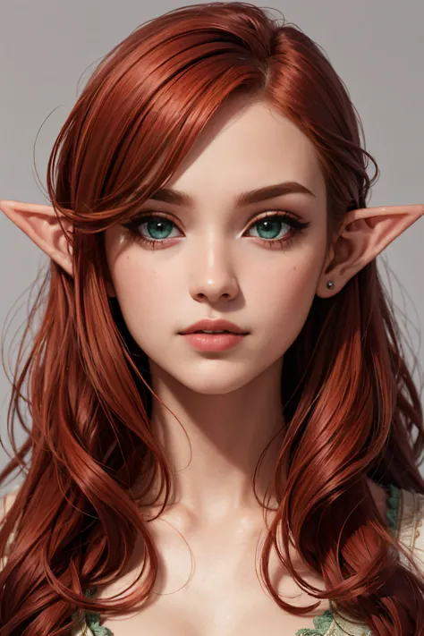 (masterpiece, high quality, best quality:1.3), Detailed, 25 year old girl, (elf), (Red-headed:1.4), almond eyes, green eyes, lon...
