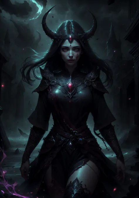 a woman with horns and a demon's head in a dark background