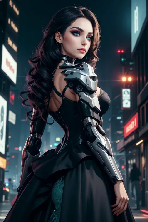 Techwear fashion (closed mouth:1.3), choker, (edgmecha:1.4), a woman in a [mecha suit|ballgown]:0.5 standing in front of a city ...