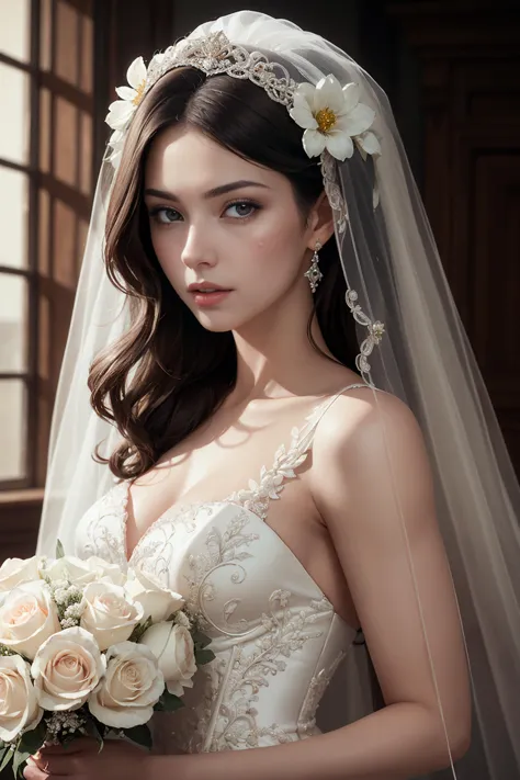 sensual, beautiful, female, woman, (bride:weddingdress:1.1), flower, lace, veil, romantic, passionate, love, desire, seduction, ...