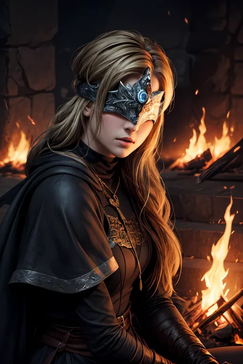 ((masterpiece, best quality)),1girl, <lora:firekeeper2:0.8> firekeeper, eye mask, sit, dark, realistic light, fire, dark souls, bonfire, stone stairs, deprecated, dark background <lora:add_detail:0.8>, facing viewer