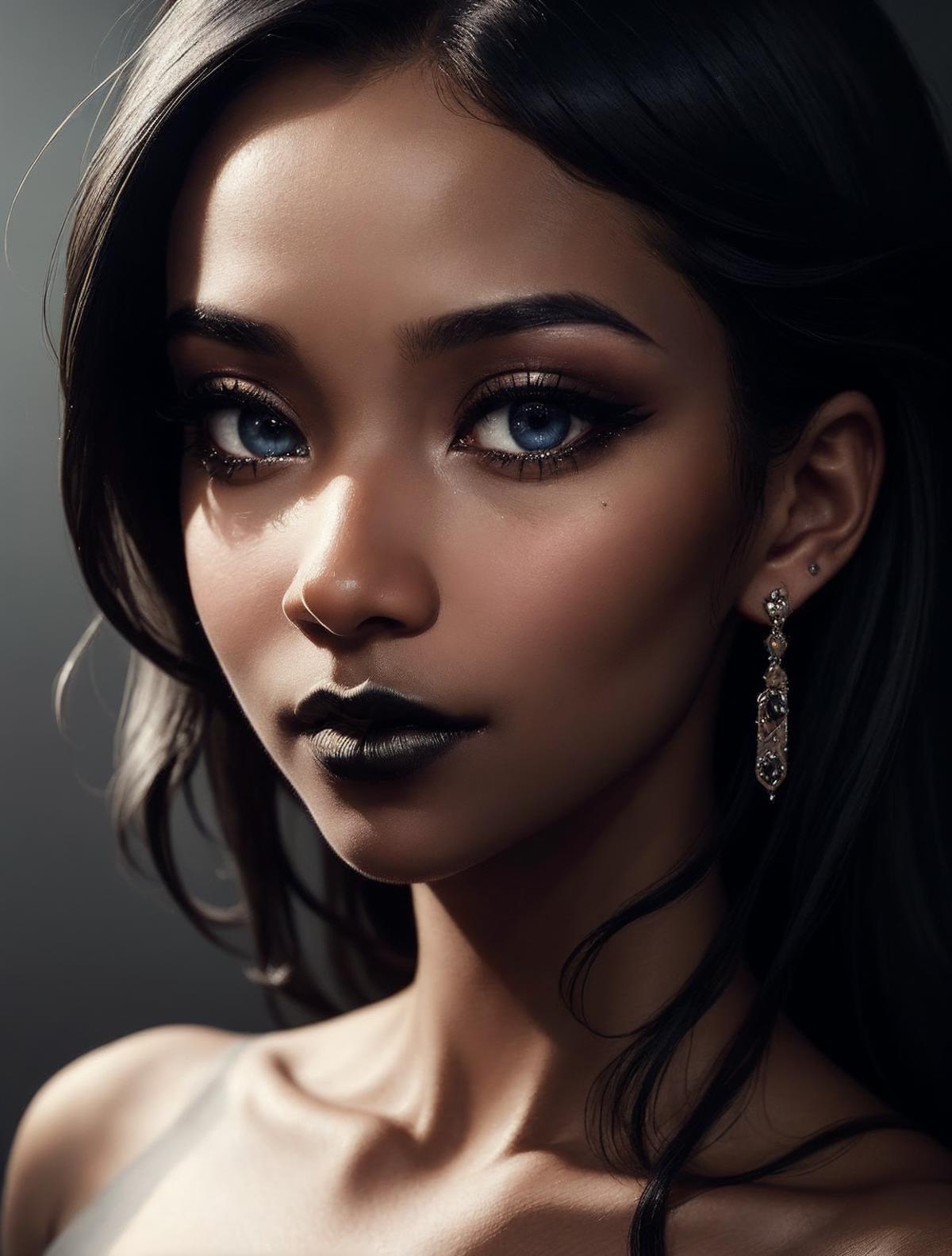 A woman with black makeup and a black lip is posing for a picture - SeaArt  AI