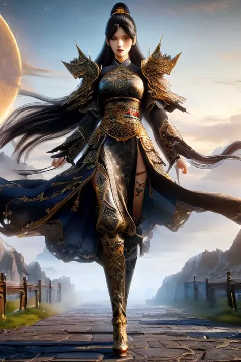 a woman in armor walking on a path with a moon in the background