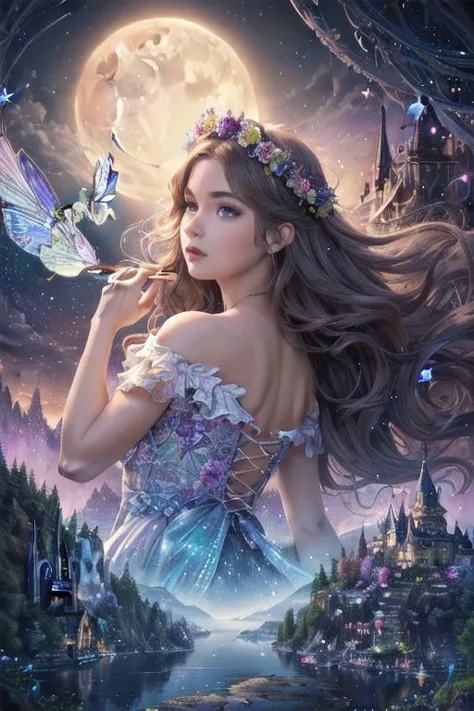 (high quality:1.4), (best quality:1.4), (masterpiece:1.4), official art, official wallpaper, surreal, beautifulgoddess, (1woman:1.1), (long wavy hair:1.1), (flower crown:1.1), (mystical creatures:1.1), (floating islands:1.1), (detailed landscape:1.1), (magic in the air:1.1), (stardust:1.1), night sky, (whimsical atmosphere:1.1), (dreamlike world:1.1), (bubbles:1.1), flying books, (luna moths:1.1), (moonlight:1.1), enchanted forest, (wisdom:1.1), (powerful energy:1.1), (guardian angels:1.1), (peaceful:1.1), vibrant colors, (detailed:1.05), (extremely detailed:1.06), sharp focus, (intricate:1.03), cinematic lighting, (extremely intricate:1.04), (epic scenery:1.09), vibrant colors, (beautiful scenery:1.08), (detailed scenery:1.08), (intricate scenery:1.07), (wonderful scenery:1.05),, (sharp focus,absurdres,high quality,masterpiece,highres,best quality:1.5)