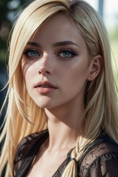 a close up of a woman with long blonde hair and blue eyes