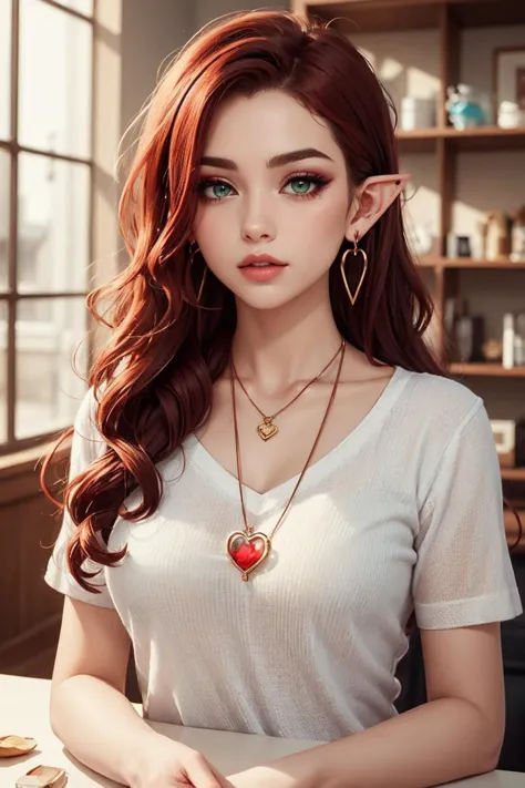 heart pendant, heart earrings,, (masterpiece, high quality, best quality:1.3), Detailed, 25 year old girl, (elf), (Red-headed:1....