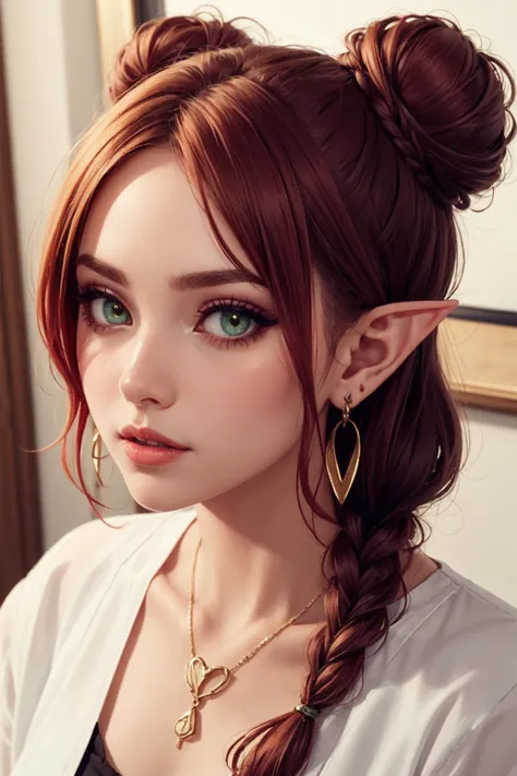 bun braid,, (masterpiece, high quality, best quality:1.3), Detailed, 25 year old girl, (elf, pointy ears), (Red-headed:1.4), alm...