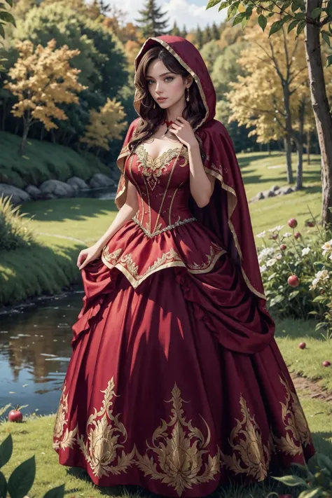 fantasy, (highlydetailed:0.91), (ultra detailed:0.91), (woman1woman:0.91), (picking apples:0.83), (red hoodcloak:0.83), (forest[...