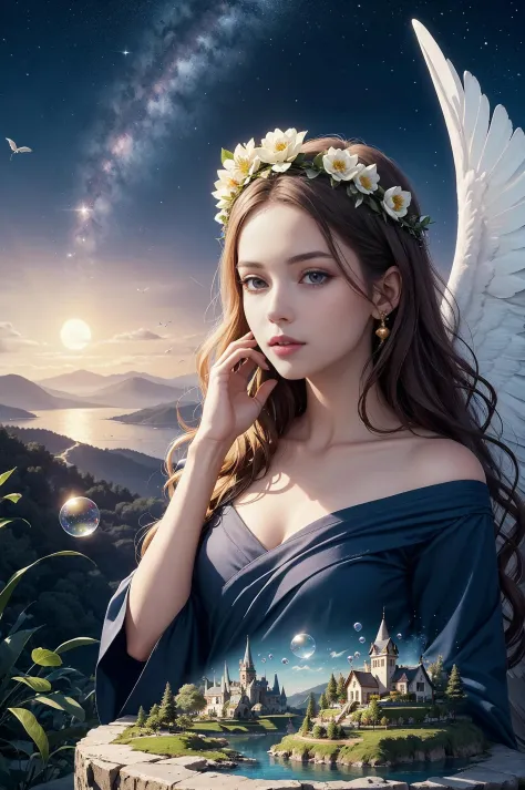 surreal, beautifulgoddess, (1woman), (long wavy hair), (flower crown), (mystical creatures), (floating islands), (detailed lands...