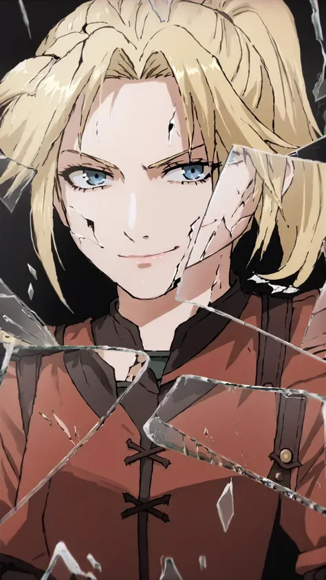 anime girl with blonde hair and blue eyes looking through broken glass