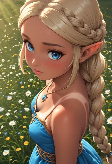 zPDXL, 1girl, masterpiece, absurdres, best quality, Princess Zelda, blonde hair, triforce necklace, blue eyes, eyelashes, long hair, (hyrule style dress, detailed, blue and white):1.4, blush, (bond braid, tan lines, tanned skin, detailed frontal lighting:1.5), standing in flower field, overshoulderdownblouse, downblouse nipples, from above, from behind, <lora:add-detail-xl:1> <lora:DetailedEyes_V3:1> <lora:absurdres_quality:0.5>  <lora:OverShoulderDownBlouse_v2:0.8>