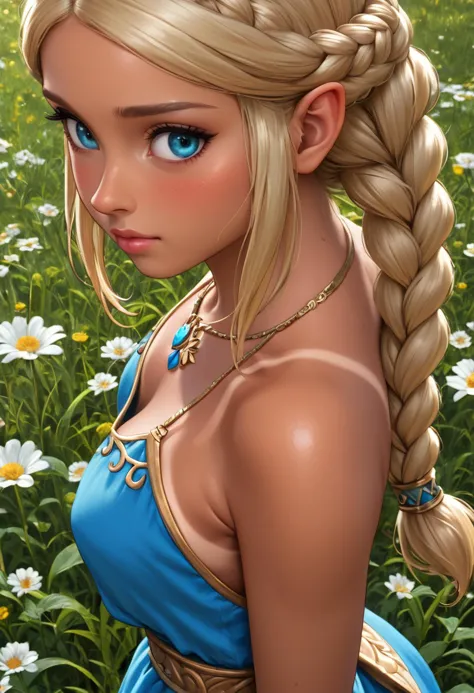 zPDXL, 1girl, masterpiece, absurdres, best quality, Princess Zelda, blonde hair, triforce necklace, blue eyes, eyelashes, long hair, (hyrule style dress, detailed, blue and white):1.4, blush, (bond braid, tan lines, tanned skin, detailed frontal lighting:1.5), standing in flower field, overshoulderdownblouse, downblouse nipples, from above, from behind, <lora:add-detail-xl:1> <lora:DetailedEyes_V3:1> <lora:absurdres_quality:0.5>  <lora:OverShoulderDownBlouse_v2:0.8>