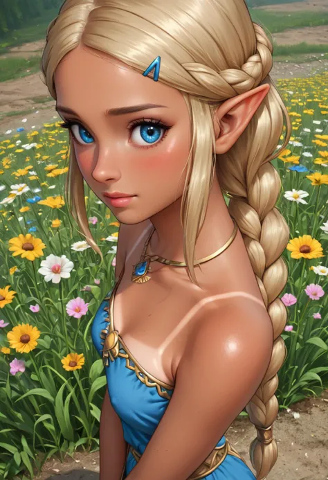 zPDXL, 1girl, masterpiece, absurdres, best quality, Princess Zelda, blonde hair, triforce necklace, blue eyes, eyelashes, long hair, (hyrule style dress, detailed, blue and white):1.4, blush, (bond braid, tan lines, tanned skin, detailed frontal lighting:1.5), standing in flower field, overshoulderdownblouse, downblouse nipples, from above, from behind, <lora:add-detail-xl:1> <lora:DetailedEyes_V3:1> <lora:absurdres_quality:0.5>  <lora:OverShoulderDownBlouse_v2:0.8>