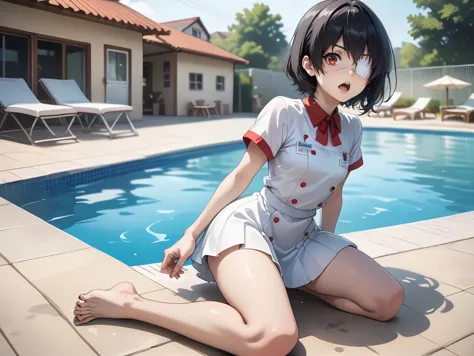 anime girl sitting on the ground next to a pool