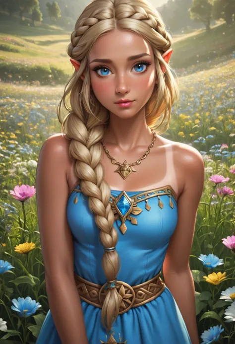 zPDXL, 1girl, masterpiece, absurdres, best quality, Princess Zelda, blonde hair, triforce necklace, blue eyes, eyelashes, long hair, (hyrule style dress, detailed, blue and white):1.4, blush, (bond braid, tan lines, tanned skin, detailed frontal lighting:1.5), standing in flower field <lora:add-detail-xl:1.5> <lora:DetailedEyes_V3:1> <lora:absurdres_quality:0.5>