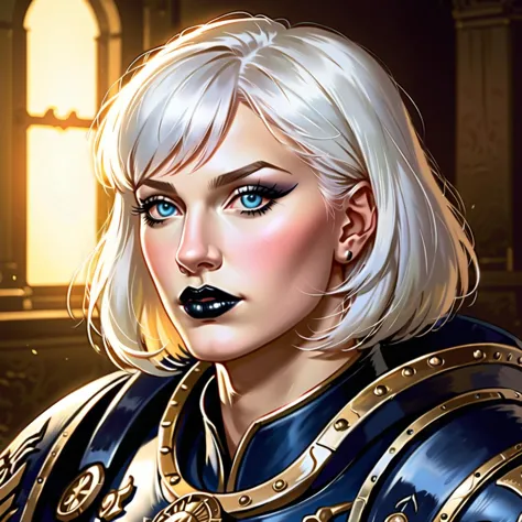 score_9, score_8_up, score_8, (masterpiece, best quality, highly detailed, realistic), cinematic lighting, source_western, illustration 2.5d, fantasy illustration, warhammer 40k, portrait of fcorn as an adepta sororitas , medium bob white hair with bangs, blue eyes, grim expression, dreaming of burning some heretics after she purges the unclean, black lipstick, (((black power armor ))), there is only war in the background, facing the viewer, close up
 <lora:Fanny_Cornforth_Pony:.7>