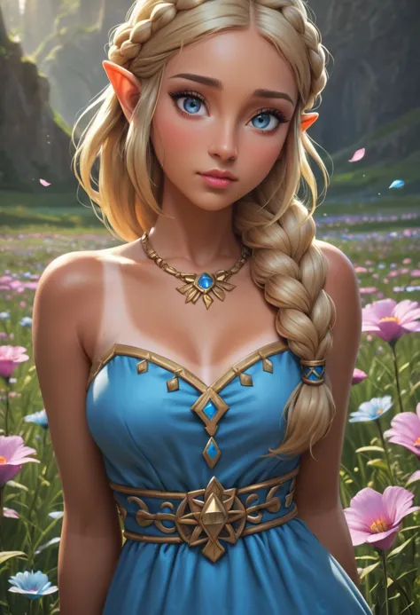 zPDXL, 1girl, masterpiece, absurdres, best quality, Princess Zelda, blonde hair, triforce necklace, blue eyes, eyelashes, long hair, (hyrule style dress, detailed, blue and white):1.4, blush, (bond braid, tan lines, tanned skin, detailed frontal lighting:1.5), standing in flower field <lora:add-detail-xl:1.5> <lora:DetailedEyes_V3:1> <lora:absurdres_quality:0.5>