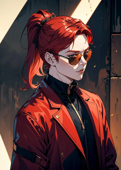 a close up of a person wearing a red jacket and sunglasses