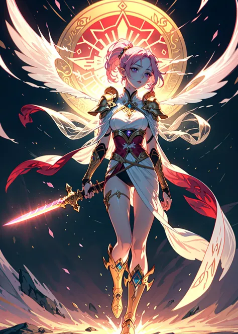 a woman with a sword and wings standing in front of a sun