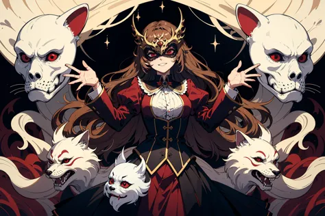 a woman in a red dress surrounded by white cats