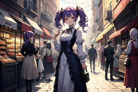 anime girl in a dress and hat walking down a street