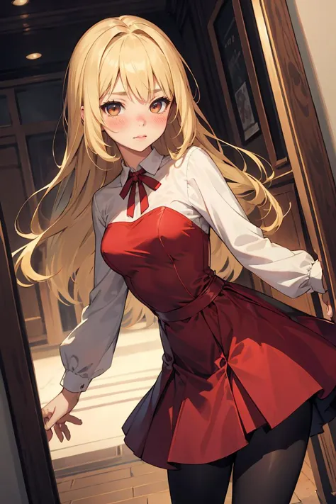 anime girl in red dress standing in doorway with long blonde hair