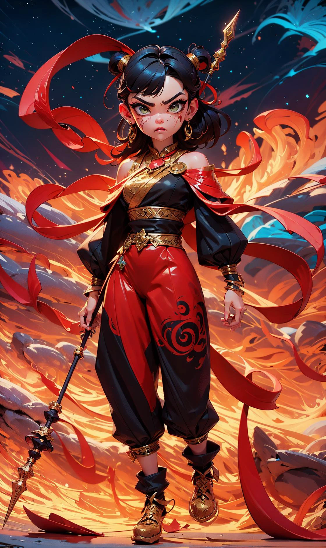 1girl, blood on face, angry, holding spear, (flying), chinese mythology,cloudy, detailed sky, abstract background, (flame_surge_style:0.5)