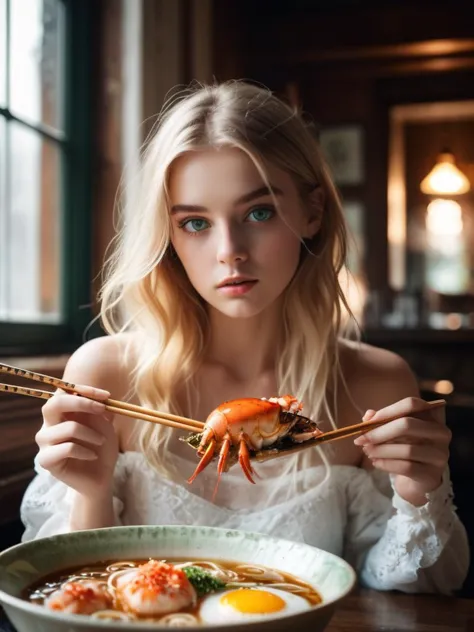 (2 girls) (two 18 y.o Swedish girls mysterious slender beautiful stunning alluring shy),<lora:ramen_v1.4:0.8> holding chopsticks, eating ramen, multiple large bowls of steamy:1.5 steaming gigantic bowls of crab leg lobster ramen, sweaty oily skin, subtle smirk,looking directly at camera, perfect slender face,narrow jaw,best quality, professional lighting, super detailed, realistic,steamy delicious huge bowls of octopus lobster claw fried egg nori in ornate fine porcelain bowls, upper body,beautiful detailed green eyes,golden long blonde hair,blonde eyebrows, smoky eyeshadow, wearing white lacey string  transparent translucent tubetops,bare shoulders, sunburnt faces, , rustic wooden table top, fancy museum with paintings on walls, bokeh, strong sunlight from window,(snowing outside window):1.3,blizzard outside window,God rays, backlit hair, 2000s vintage RAW photo, photorealistic, film grain, candid camera, color graded cinematic, eye catchlights, atmospheric lighting, macro shot, skin pores, imperfections, natural, shallow dof