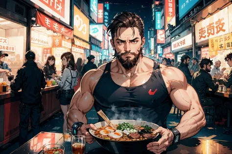 "portrait of a muscular man eating ramen with chopsticks" futuristic clothing, 5 fingers, perfect hands, anatomically correct ha...