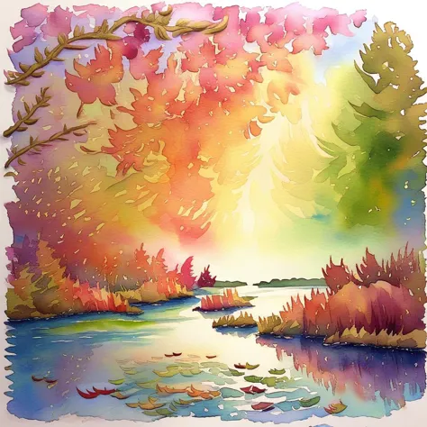 painting of a colorful landscape with water and trees