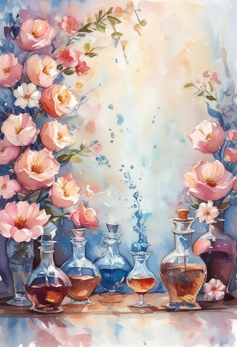 painting of a still life of a vases and bottles with flowers