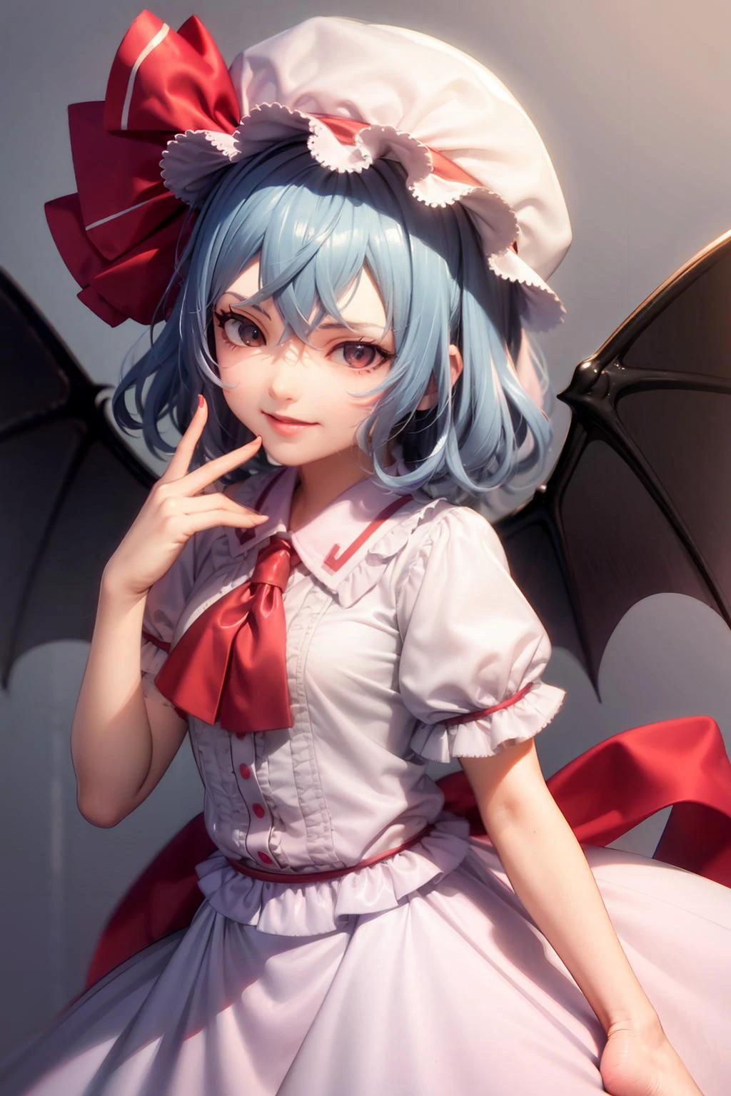 masterpiece, best quality,  1girl,pink dress,mob cap,ribbon,blue hair,evil smile,bow,ascot,wings,grey background, (kbxll:0.8)