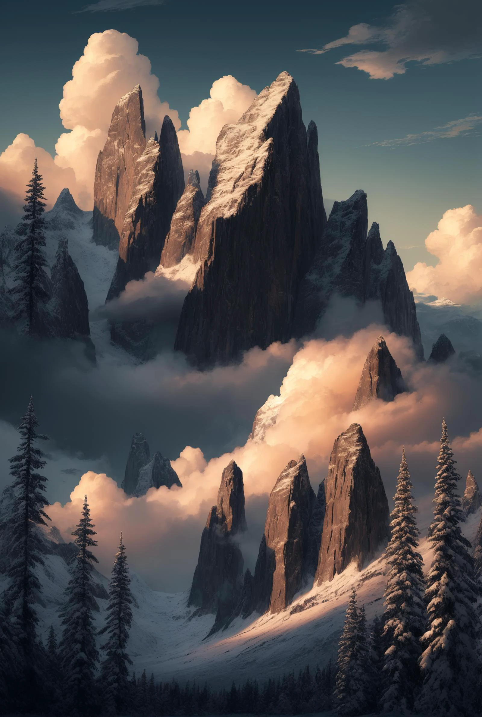 ((masterpiece)), (((best quality))), ((ultra-detailed)), (Amazing:1.1), beautiful, nature, sky and ground, heavy wind, windswept, line cloud,Light shoot from the cloud, the sun is setting over the mountains and trees, booscapes