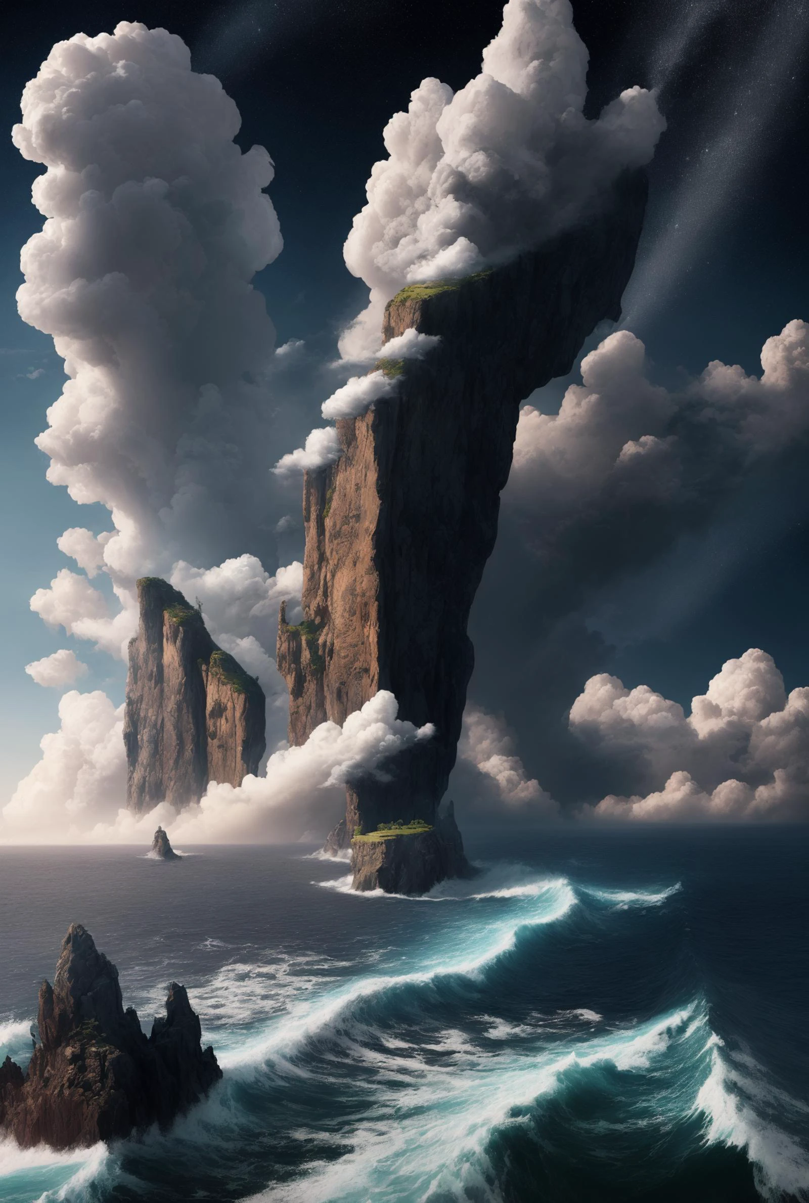 ((masterpiece)), (((best quality))), ((ultra-detailed)), (Amazing:1.1), beautiful, nature, sky and ground, heavy wind, windswept, line cloud,Light shoot from the cloud, a large rock in the middle of the ocean, booscapes