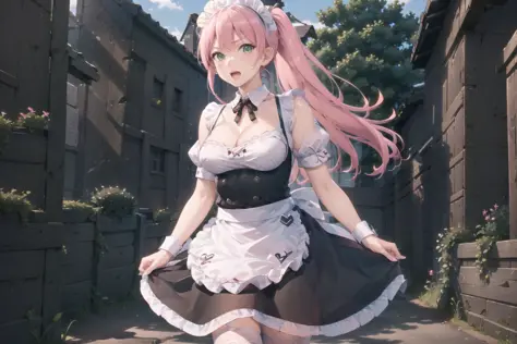 extremely detailed CG unity 8k wallpaper, realistic, hand by Guido Daniele,green eyes, pink hair, false smile,
1girl, solo, maid headdress, maid, blush, apron,  white thighhighs, looking at viewer, dress, detached sleeves, bangs, collarbone, waist apron, m...