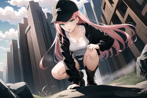 ((masterpiece)), (((best quality))), ((ultra-detailed)), ((illustration)), finely detail, extremely detailed CG unity 8k, highres, beautiful detailed eyes, finely detail, squint
1girl, long hair, pink hair, green eyes, hat, shorts, shirt, baseball cap, jac...