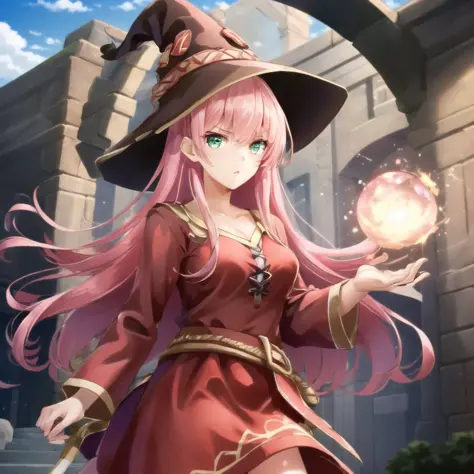 ((masterpiece)), (((best quality))), ((ultra-detailed)), ((illustration)), finely detail, extremely detailed CG unity 8k, highres, {beautiful detailed eyes}, finely detail,
1girl, long hair, pink hair, green eyes, <lora:megustume-15:0.7> megustume, witch h...
