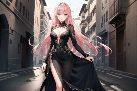 ((masterpiece)), (((best quality))), ((ultra-detailed)), ((illustration)), finely detail, extremely detailed CG unity 8k, highres, beautiful detailed eyes, finely detail,
1girl, long hair, pink hair, green eyes, <lora:gownConv2D2.5e-5_BF16:0.9> , black dre...