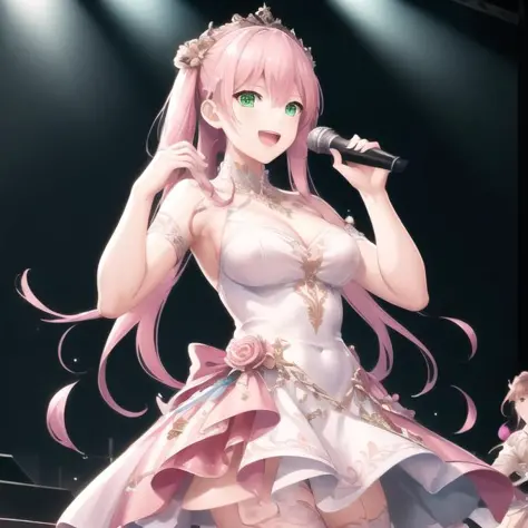 ((masterpiece)), (((best quality))), ((ultra-detailed)), ((illustration)), finely detail, extremely detailed CG unity 8k, highres, beautiful detailed eyes, finely detail, green eyes, pink hair, 
<lora:idolSingingCostume_v11:0.6>, idol_singing_costume, stag...