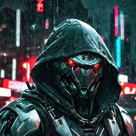 a close up photo of a solo, robot soldier, red glowing eyes and wearing a black hood, futuristic  cyberpunk city in background, ...